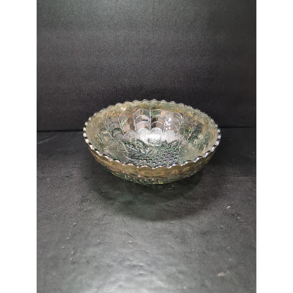 Imperial Carnival Glass Helios Green Grape Bowl, Vintage Bowl, 9" Scalloped Edge